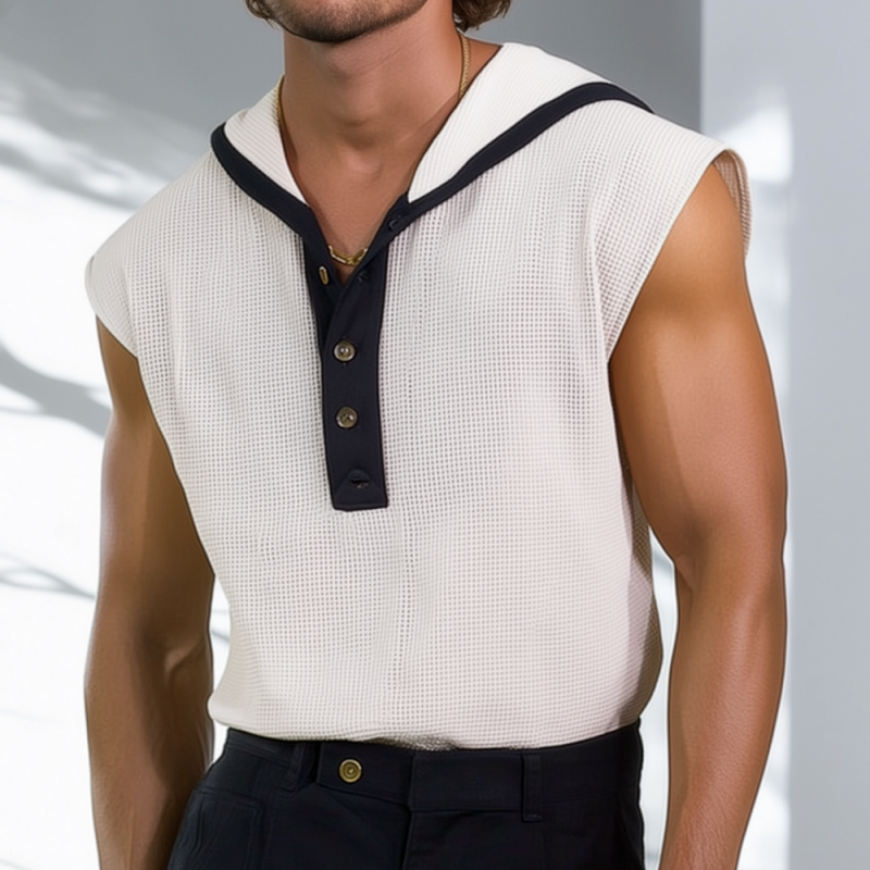 Trent | Men'S Casual Breathable Waffle Colorblock Henley Collar Hooded Loose Tank Top
