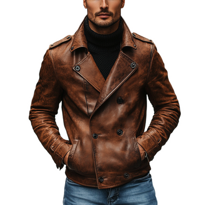 Men's Vine Lapel Doble Breasted P Leather Jacket