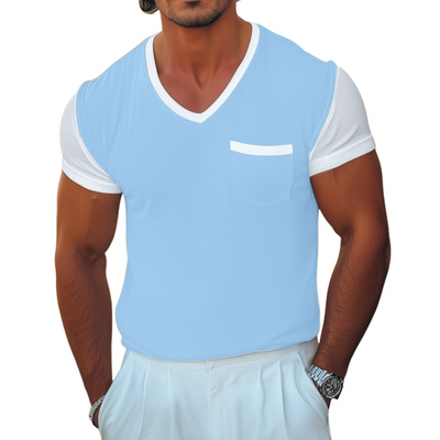 Carl | Men'S Casual Breathable Cotton Colorblock V-Neck Patch Pocket Slim Fit Short-Sleeved T-Shirt