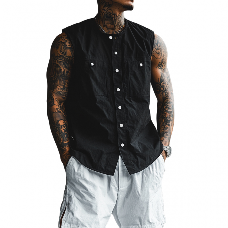 Enrique | Men'S Casual Breathable Cotton Round Neck Iron Single Breasted Loose Sleeveless Shirt