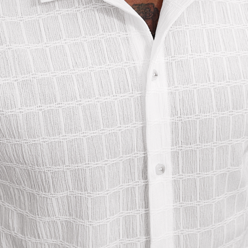 Guy | Men'S Casual Lace Pleated Texture Lapel Slim Short Sleeve Shirt