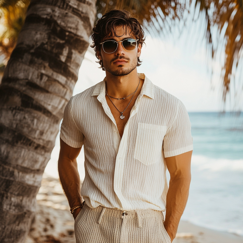 Benito | Men'S Casual Breathable Linen Striped Lapel Patch Pocket Slim Fit Short Sleeve Shirt