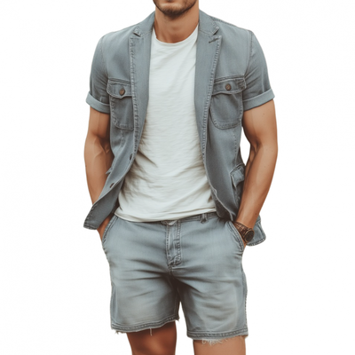 David | Men'S Casual Outdoor Denim Washed Distressed Notched Lapel Multi-Pocket Short-Sleeved Jacket Raw Edge Shorts Set