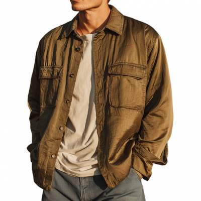 Alan | Men'S Casual Solid Color Tencel Blended Lapel Flap Pocket Loose Long Sleeve Shirt