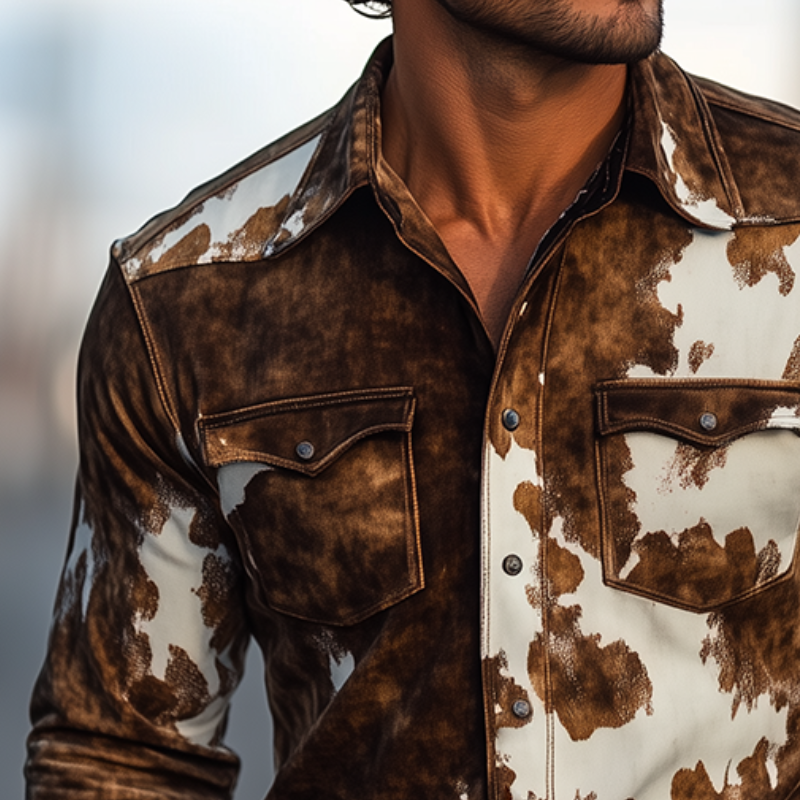 Men's Retro Casal Western Style Cow Print Sede Lapel Long Sleeve Shirt
