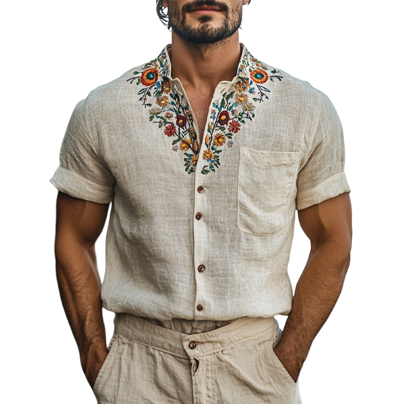 Harold | Men'S Retro Stand Collar Embroidered Cotton And Linen Short Sleeve Shirt