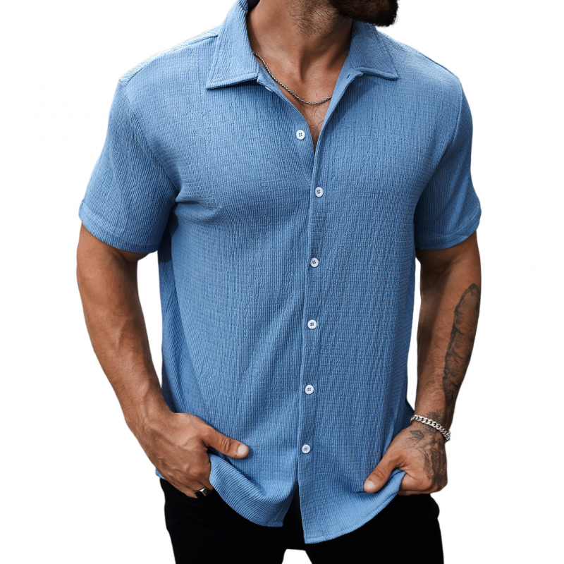 Fernando | Men'S Casual Cotton Blend Pleated Texture Lapel Slim Fit Short Sleeve Shirt