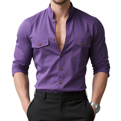 Anton | Men'S Retro Casual Washed Stand Collar Multi-Pocket Long Sleeve Shirt