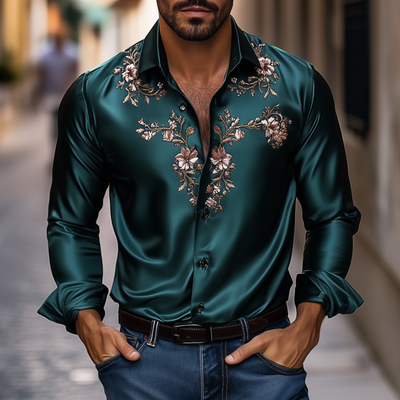 Julian | Men'S Vintage Flower Embroidery Elegant Solid Satin Lapel Slim Fit Long Sleeve Shirt