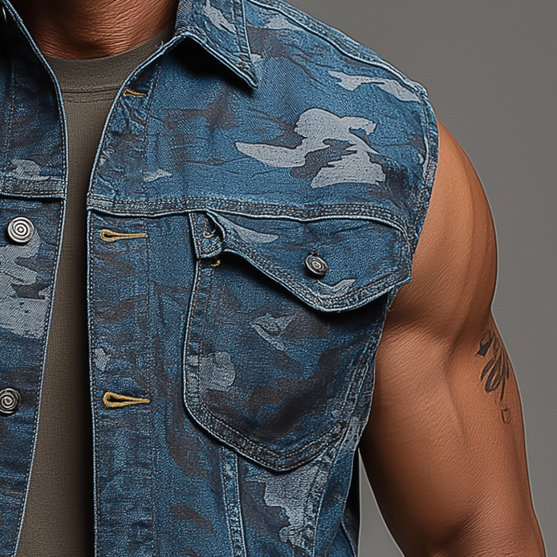 Ralph | Men'S Summer Fashion Camouflage Washed Denim Vest