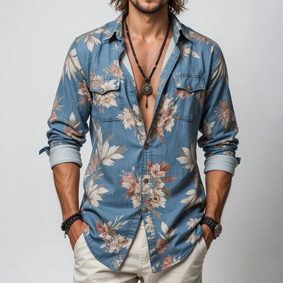 Men's Floral Lapel Chest Pocket Long Sleeve ShirtZ