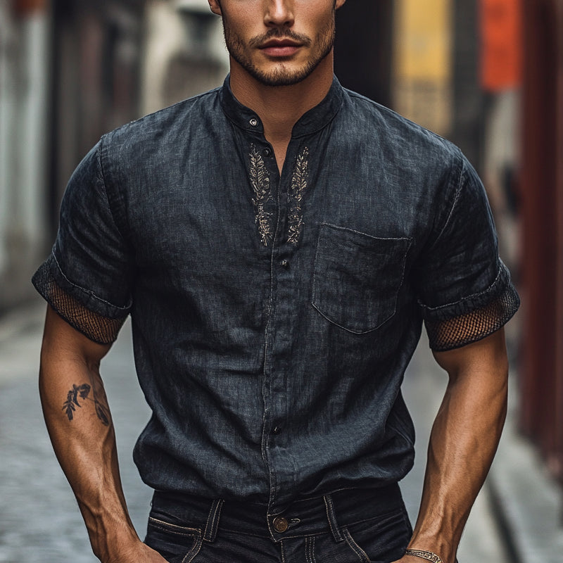 Ivan | Men'S Solid Color Embroidered Stand Collar Short Sleeve Shirt