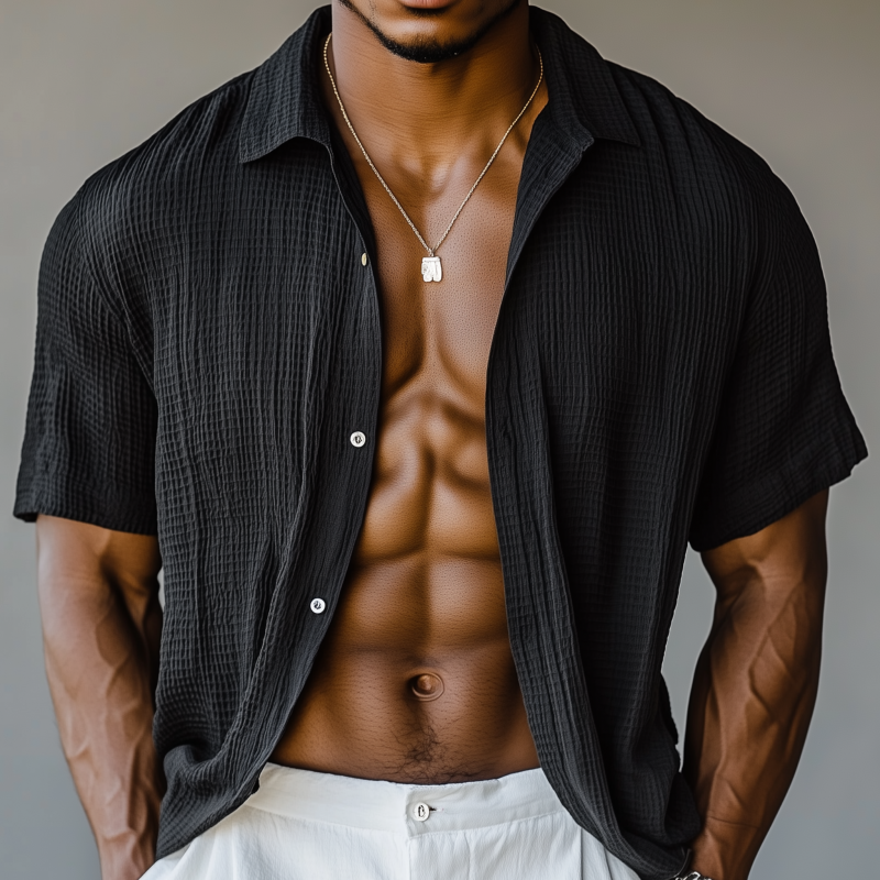 Curtis | Men'S Casual Breathable Cotton Blended Waffle Lapel Loose Short Sleeve Shirt