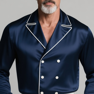 Jerry | Men'S White Trim Lapel Double Breasted Long Sleeve Satin Shirt