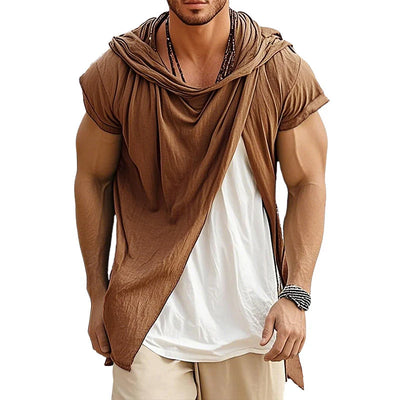 John | Men'S Retro Casual Cotton Linen Colorblock Fake Two-Piece Hooded Short-Sleeved Shirt