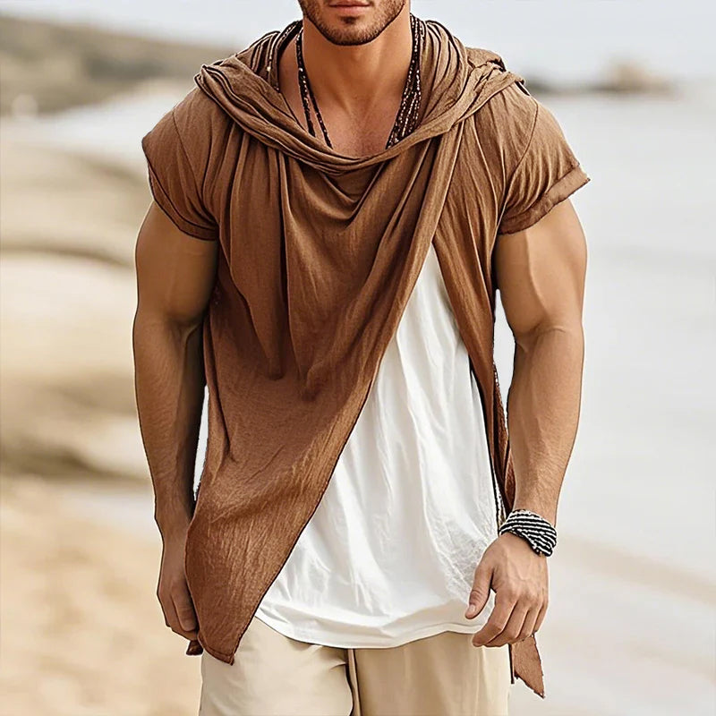 John | Men'S Retro Casual Cotton Linen Colorblock Fake Two-Piece Hooded Short-Sleeved Shirt