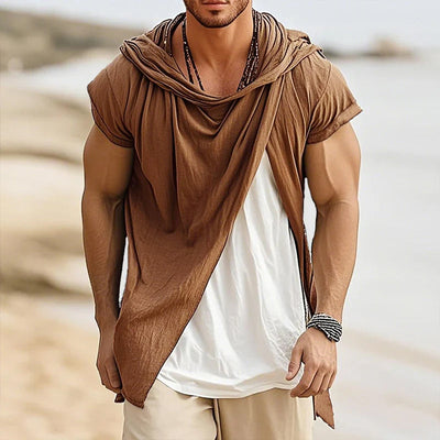 John | Men'S Retro Casual Cotton Linen Colorblock Fake Two-Piece Hooded Short-Sleeved Shirt