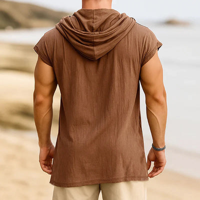 John | Men'S Retro Casual Cotton Linen Colorblock Fake Two-Piece Hooded Short-Sleeved Shirt