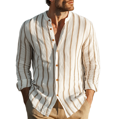 Vaughn | Men'S Spring And Summer Classic Casual Stand-Up Collar Tencel Cotton Blend Vertical Striped Long-Sleeved Shirt