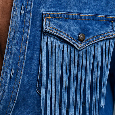 Men's Retro Western Cowboy Tassel Stitching DeniLong Sleeve Shirt