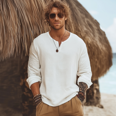 Clifton | Men'S Casual Solid Color Breathable Cotton Bubble Wrinkled V-Neck Loose Long-Sleeved T-Shirt