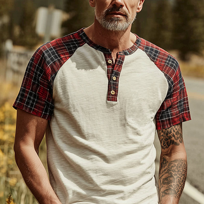 Yves | Men'S Spring And Summer Fashion Casual Bamboo Cotton Splicing Plaid Henry Collar Short Sleeve T-Shirt