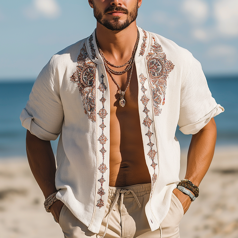 Eli | Men'S Summer Fashion Exquisite Embroidered Linen Short Sleeve Shirt