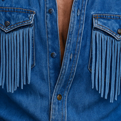Men's Retro Western Cowboy Tassel Stitching DeniLong Sleeve Shirt