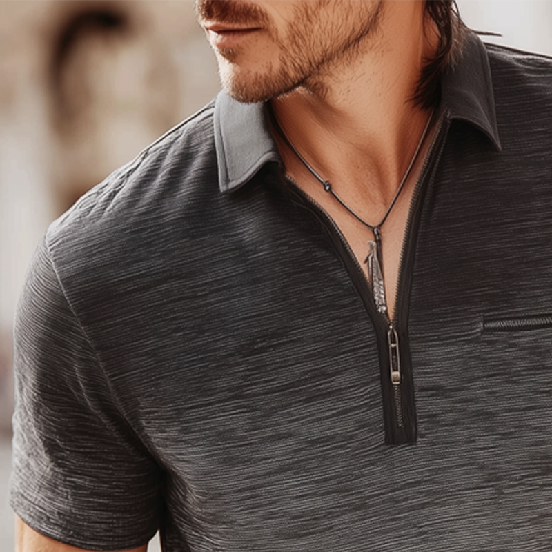 Anton | Men'S Business Gradient Texture Print Half Zip Lapel Short Sleeve T-Shirt