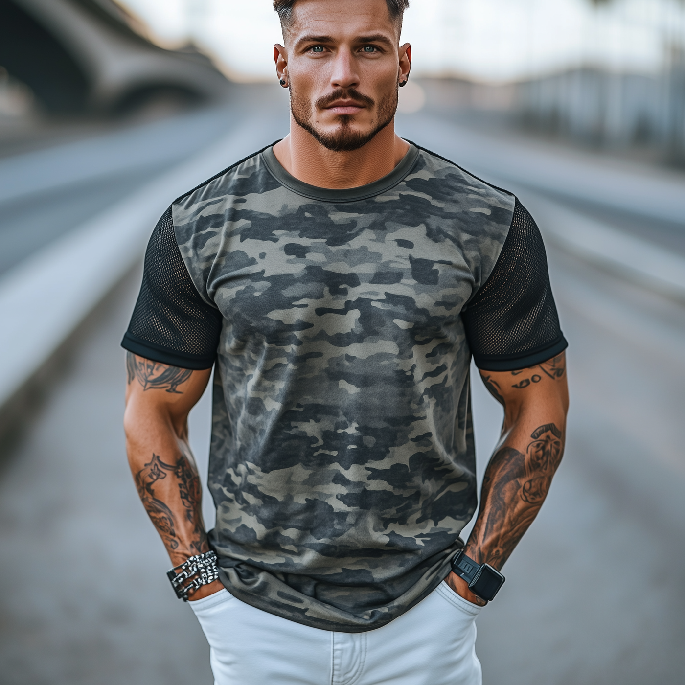Stacy | Men'S Spring And Summer Casual Round Neck Camouflage Cotton Blended Splicing Mesh Short-Sleeved T-Shirt