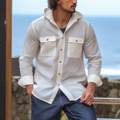 Adam | Men'S Casual Solid Color Breathable Linen Chest Pocket Hooded Loose Long Sleeve Shirt