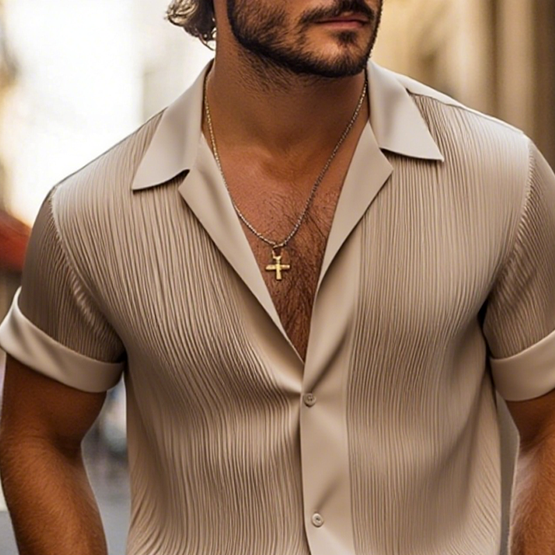 Enrique | Men'S Solid Satin Pleated Lapel Short Sleeve Shirt