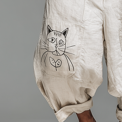 Neil | Men'S Summer Fashion Cat Print Cotton And Linen Bloomers