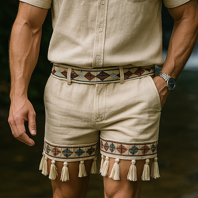 Claudio | Men'S Summer Fashion Printed Tassel Slub Linen Casual Shorts