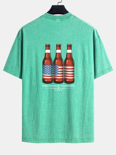 Jairo® | USA Old Row Beer Print Washed Distressed Drop Shoulder T-Shirt