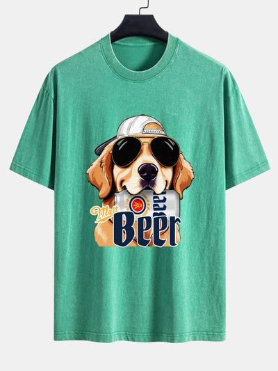 Jafar® | Beer Dog Print Washed Distressed Drop Shoulder T-Shirt
