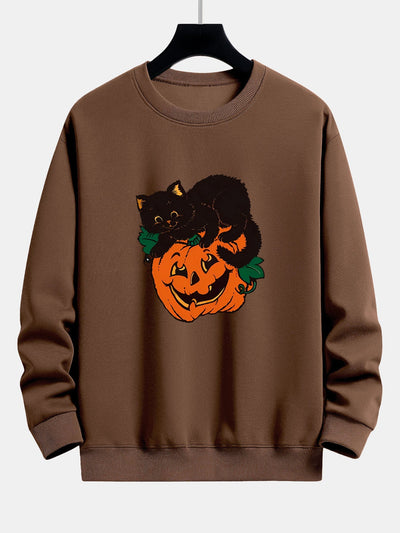 Benicio® | Pumpkin Black Cat Print Relax Fit Sweatshirt