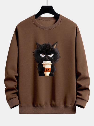 Camilo® | Black Cat Halloween Coffee Print Relax Fit Sweatshirt