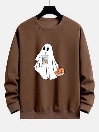 Bruno® | Halloween Ghost Drinking Coffee Pumpkin Print Relax Fit Sweatshirt