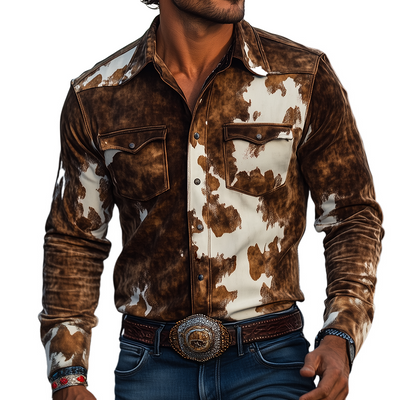 Men's Retro Casal Western Style Cow Print Sede Lapel Long Sleeve Shirt
