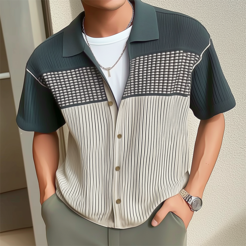 Simon | Men'S Business Colorblock Knitted Button Short Sleeve Shirt