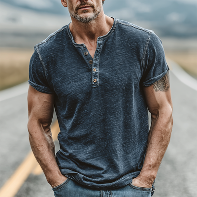 Max | Men'S Summer Casual Cotton Blend Washed Distressed Collar Stitching Denim Henry Collar Short-Sleeved T-Shirt