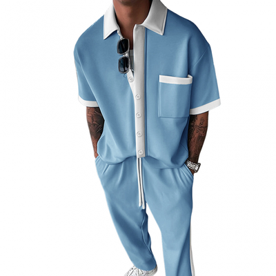 Gerardo | Men'S Casual Cotton Blended Colorblock Lapel Patch Pocket Loose Short Sleeve Shirt Elastic Waist Trousers Set