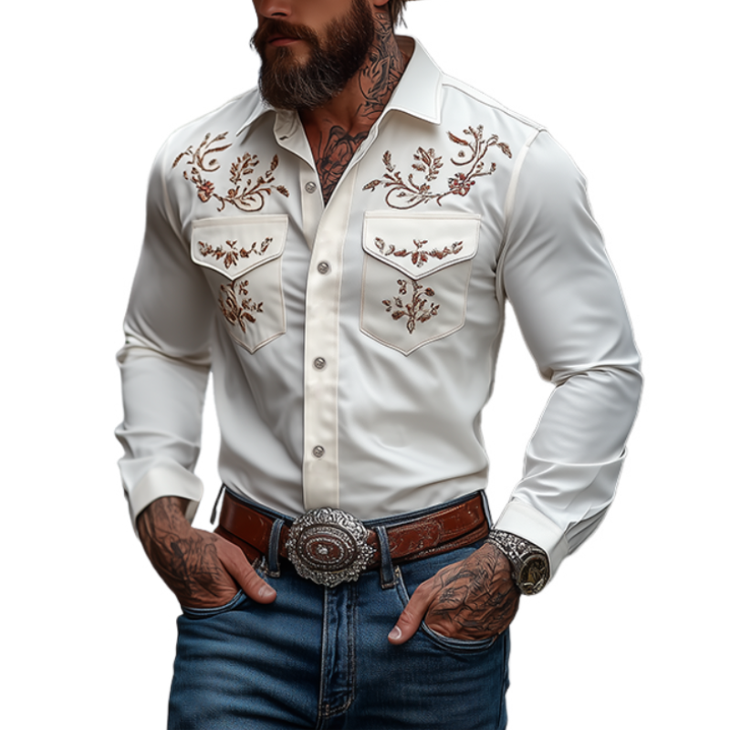 Men's Classic American Western Style Embroidered SliFit Cotn Long Sleeve Shirt