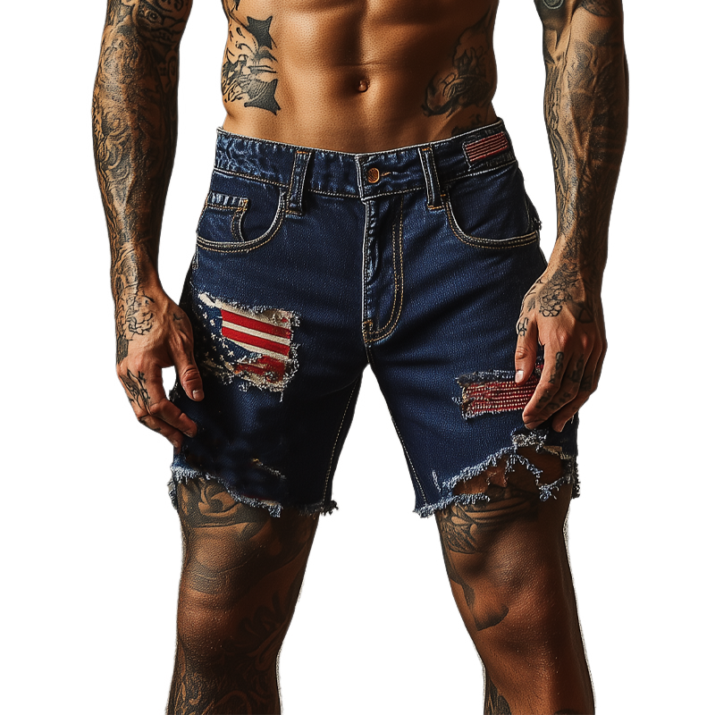 Clyde | Men'S American Flag Washed Ripped Denim Shorts