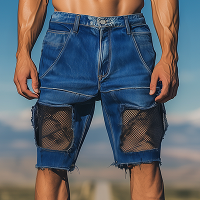 Israel | Men'S Spring And Summer Fashion Casual Denim Washed Splicing Mesh Shorts