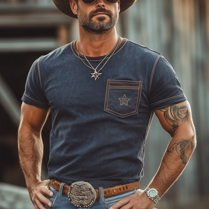 Randy | Men'S Western Cowboy Style Star Embroidered Crew Neck T-Shirt