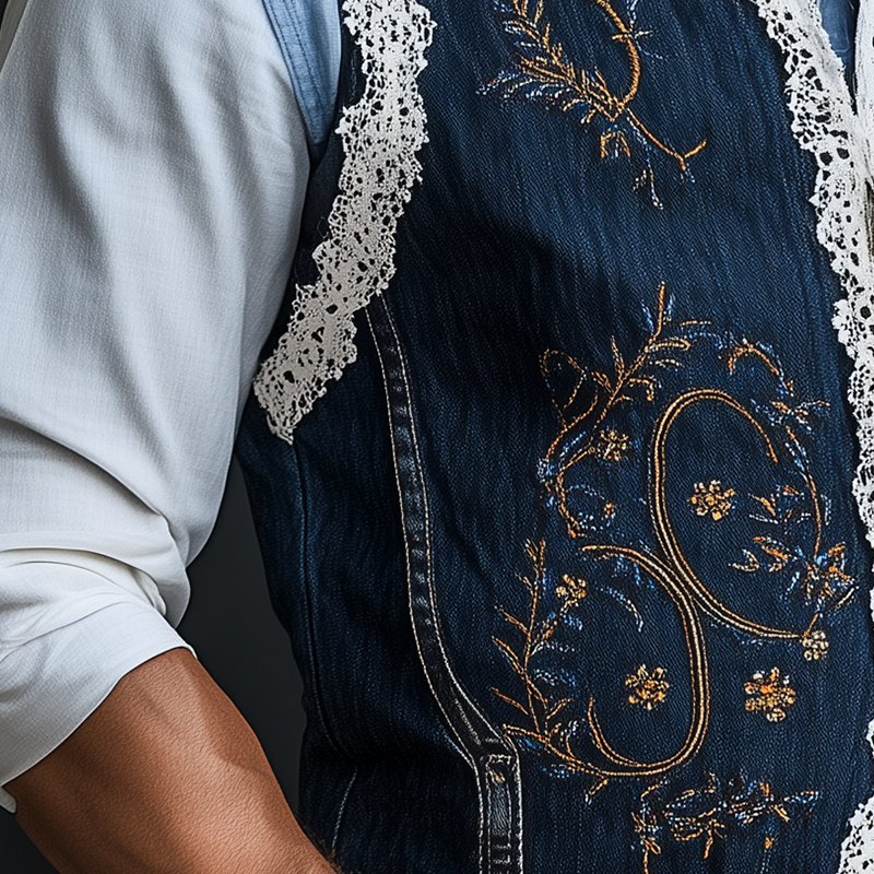 Mike | Men'S Summer Fashion Embroidered Lace Decorated Washed Denim Vest