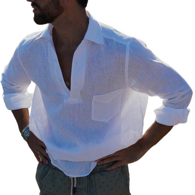 Christian | Men'S Casual Solid Color Breathable Linen Button-Up Lapel Patch Pocket Loose Long Sleeve Shirt