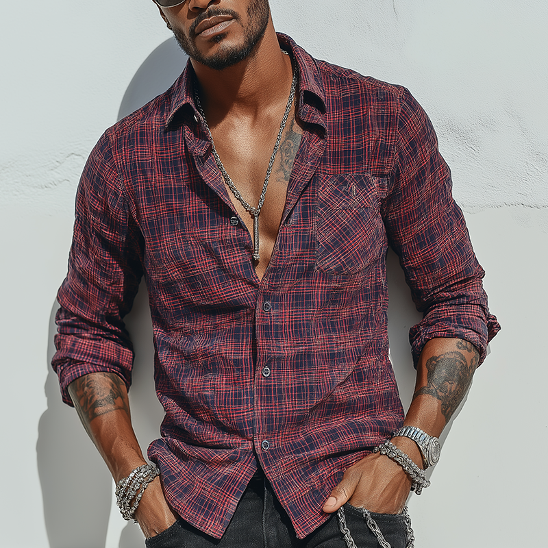 Leroy | Men'S Summer Check Print Cotton Blend Long Sleeve Shirt